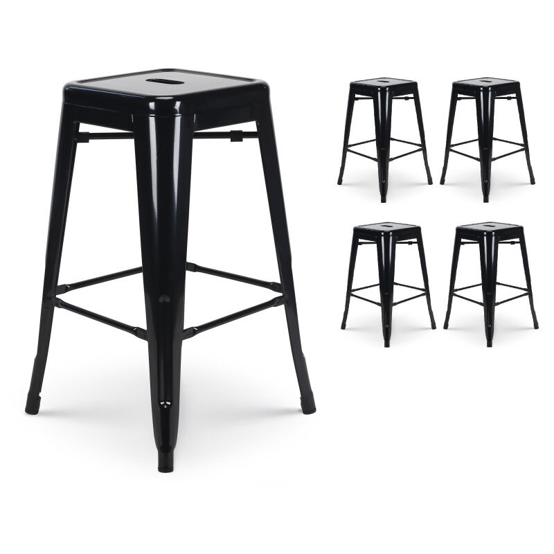 Lot de 4 tabourets de bar en métal noir brillant style industriel - Sans dossier - Hauteur 66 cm