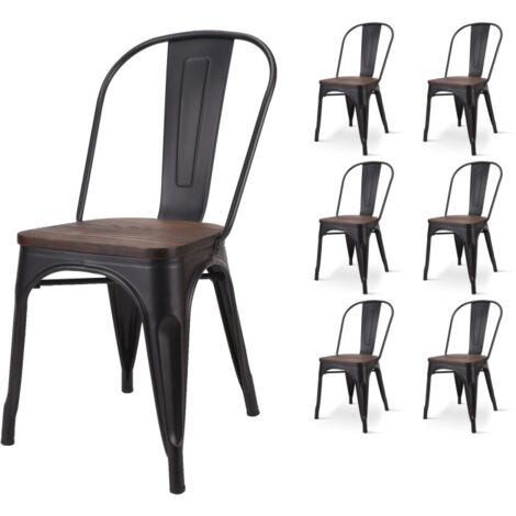 Kosmi – Lot de 6 chaises en métal noir mat – Assise en bois massif – Chaises empilables pour cuisine et salle à manger – Charge max 120 kg
