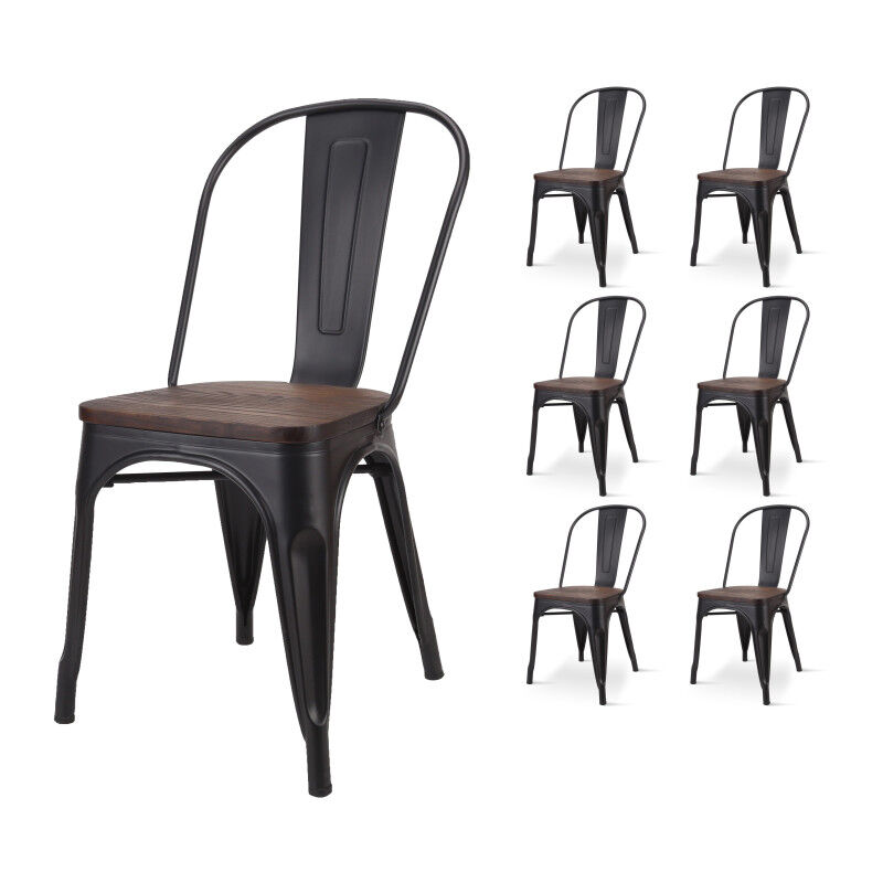 Lot de 6 chaises en métal noir mat et assise en bois foncé - Style industriel