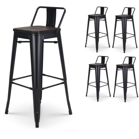 Kosmi - Set di 4 sgabelli da bar in metallo nero opaco e seduta in legno scuro con schienale, sedia da bar Sgabello in metallo e legno altezza 76 cm