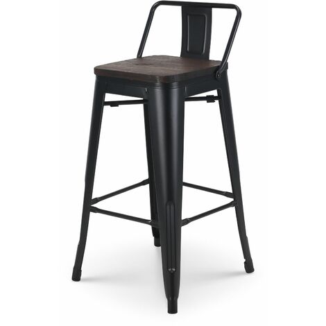KOSMI - Tabouret de bar en métal noir mat et assise en bois foncé avec dossier, chaise de bar Tabouret métal et bois haut hauteur 66cm idéal pour une table de 90cm - Noir