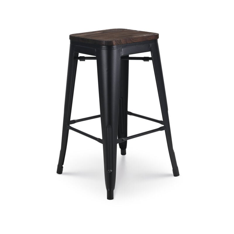 Kosmi - Tabouret de bar en métal noir mat style industriel et assise en bois foncé - Hauteur 66 cm