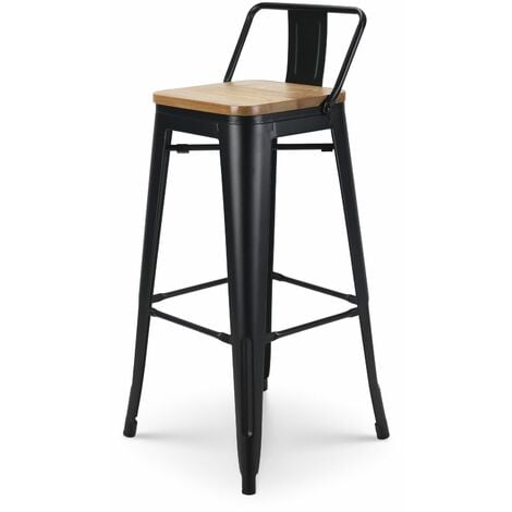 KOSMI - Tabouret de bar en métal noir mat style industriel avec dossier et assise en bois clair - Hauteur 76 cm - Noir