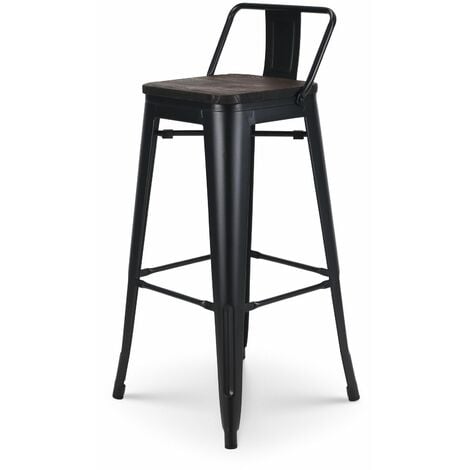 KOSMI - Tabouret de bar en métal noir mat style industriel avec dossier et assise en bois foncé - Hauteur 76 cm