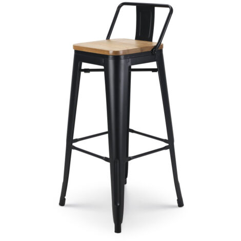 Kosmi – Tabouret de bar en métal noir mat – Dossier et assise en bois clair – Hauteur 76 cm – Pour comptoirs de 100 à 105 cm