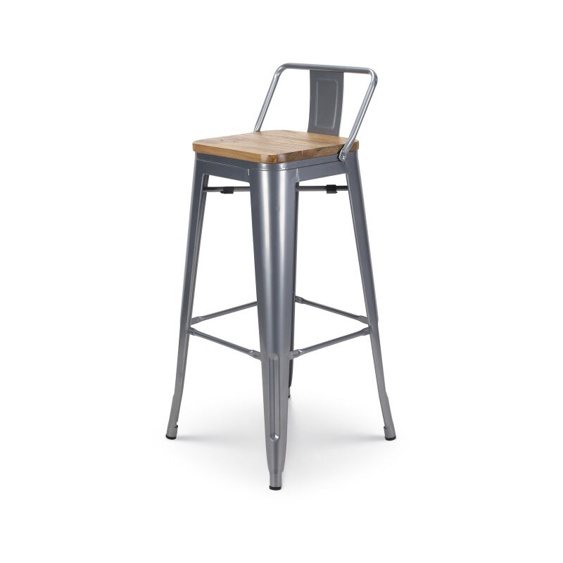 Kosmi - Tabouret de bar style industriel avec dossier en métal silver et assise en bois clair - Hauteur 76 cm