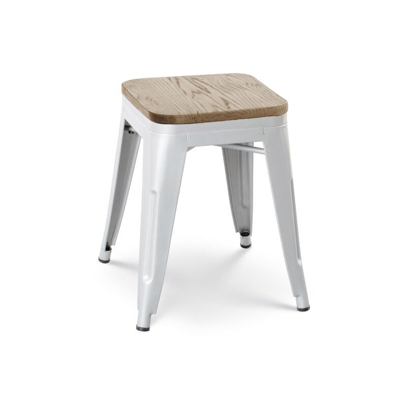 Tabouret en métal blanc mat style industriel et assise en bois clair - Sans dossier - Hauteur 46 cm