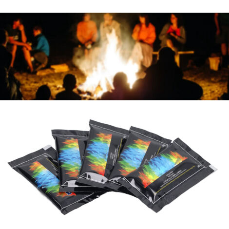 Kosmisches Flammenfarbenpulver, 5er-Pack – Mehrfarbiger Flammenfarbstoff, hält 30–35 Minuten, Camping-Set mit Stativ aus Aluminiumlegierung