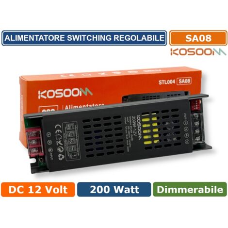 KOSOOM SA08 ALIMENTATORE TRASFORMATORE SLIM METALLICO STABILIZZATO SWITCHING DIMMERABILE 220V-12V 16.6A 200 WATT COLORE NERO IP20