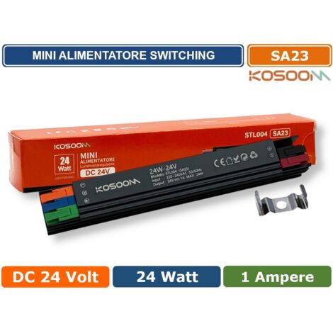 KOSOOM SA23 MINI ALIMENTATORE SLIM METALLICO STABILIZZATO SWITCHING TRIMMER 220V-24V 1A 24 WATT COLORE NERO IP20