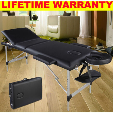 Kostenlose Tragetasche Professioneller Massagetisch, Schönheitscouch, Aluminiummaterial, leicht, tragbar, 3-teilig, für die Therapie, Behandlung, Reiki-Salon, Heilung, schwedische Massage, Schwarz, 50