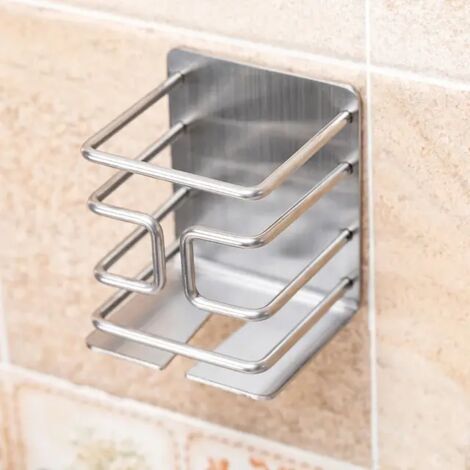 Kostenloses Stanzen Edelstahl-Rasiererkorb, wandmontierter Metalltabletthalter, Ablage für Elektrorasierer, Netz-Badezimmeraccessoires, silber