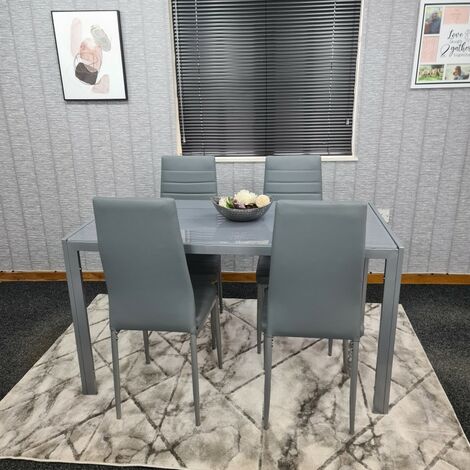 KOSY KOALA ALL GREY GLASS DINING TABLE AND 4 GREY FAUX LEATHER CHAIRS (Grey, Table with 4 chairs) - dark grey
