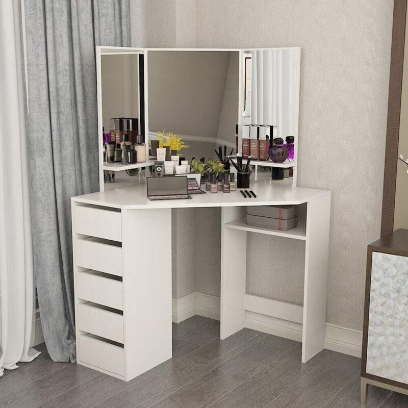 Corner White Dressing Table Makeup Vanity Table Dresser With 3 Mirrors 5 Drawers and Stool