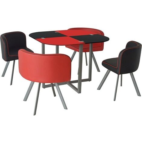 KOSY KOALA GLASS DINING TABLE with 4 FAUX LEATHER CHAIRS,SPACE SAVER (BLACK/RED) - red/black