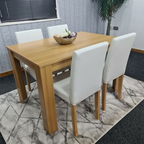 KOSY KOALA Modern wooden oak effect dining Table with 4 cream Faux Leather chairs (Table with 4 cream chairs) - Oak effect table