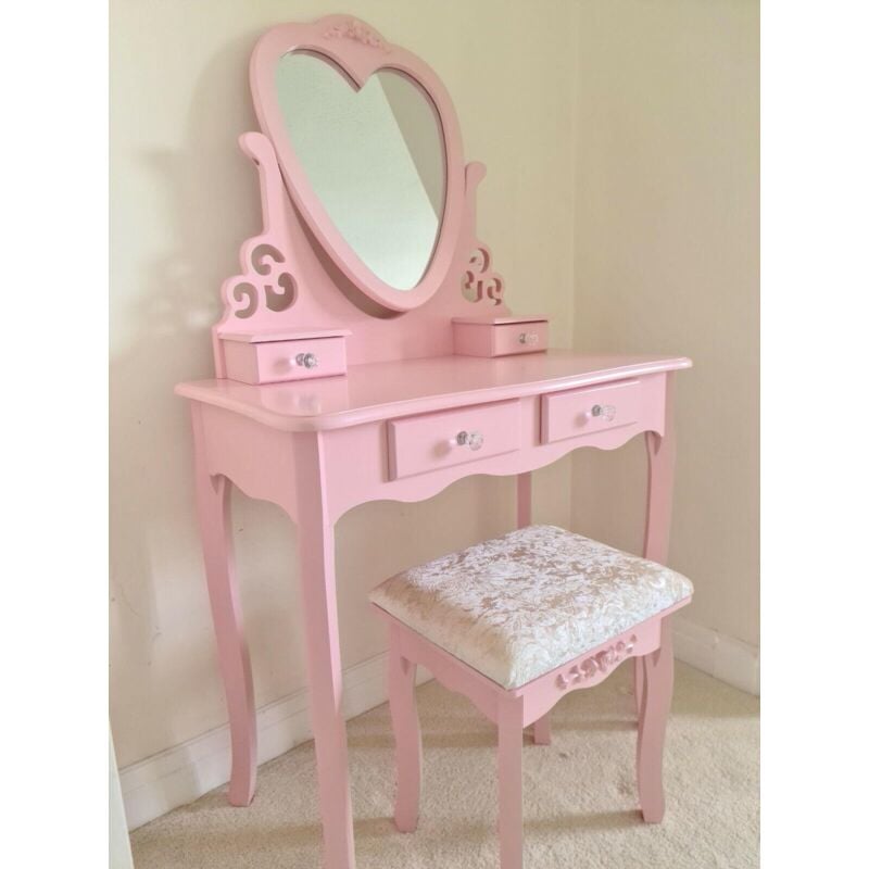 Kosy Koala - Dressing Table and Mirror Furniture Makeup Vanity Table with Wooden Cushioned Stool - Love heart - Pink - Pink