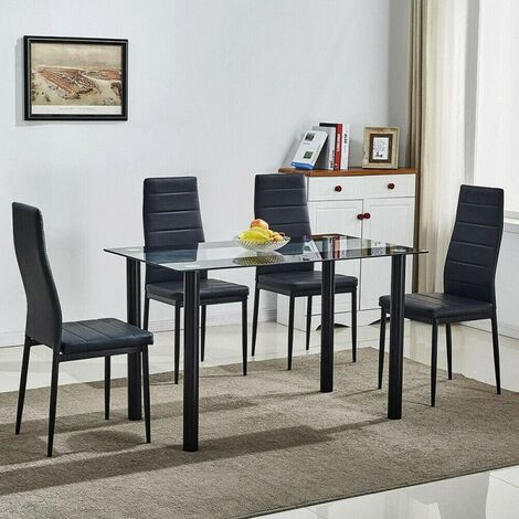 KOSY KOALA STUNNING BLACK GLASS KITCHEN DINING TABLE SET AND 6 OR 4 BLACK FAUX LEATHER CHAIRS