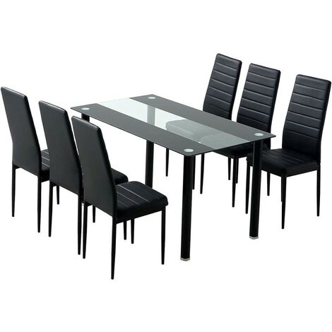 KOSY KOALA STUNNING BLACK GLASS KITCHEN DINING TABLE SET AND 6 OR 4 BLACK FAUX LEATHER CHAIRS - Table with 6 Black Chairs - Black