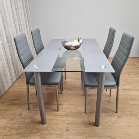 KOSY KOALA STUNNING GLASS GREY DINING TABLE AND 4 GREY FAUX LEATHER CHAIRS KITCHEN DINING TABLE SET
