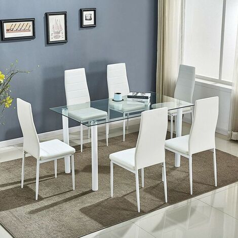 KOSY KOALA STUNNING WHITE GLASS DINING TABLE SET AND 6 OR 4 WHITE FAUX LEATHER CHAIRS - Table with 4 White Chairs - White