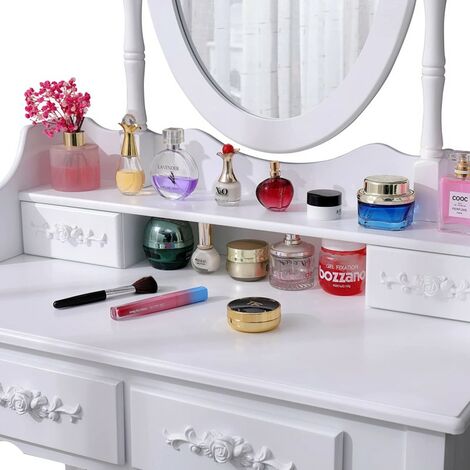 main image of "KOSY KOALA White Rose Dressing Table Makeup Desk dresser with Stool, 4 Drawers and adjustable Oval Mirror Bedroom furniture"