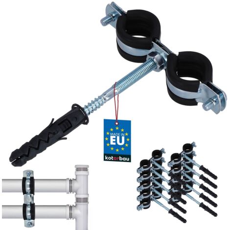 KOTARBAU® 10 pces. Collier de Serrage Tuyau - Acier Galvanisé - 1/2" - Double - Fixation pour Tube - Collier de Fixation - avec Joint en Caoutchouc - Fixation pour Tube - avec Chevilles - Noir Argenté