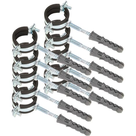 KOTARBAU® 10 pces. Collier de Serrage Tuyau - Acier Galvanisé - 5/4" - Fixation pour Tube - Collier de Fixation - avec Joint en Caoutchouc - Fixation pour Tube - avec Chevilles - Noir Argenté