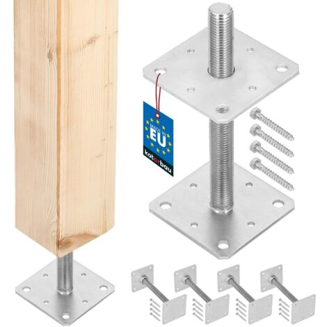 KOTARBAU® 4 pces. Support de Poteau - Acier Galvanisé - 110 x 110 x 250 mm - M24 - Argent - Pied Réglable - Support Poteau Bois - Fixation Robuste Extérieur Intérieur
