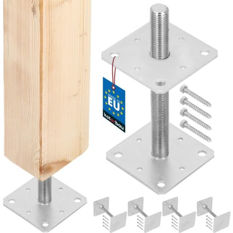 KOTARBAU® 4 pces. Support de Poteau - Acier Galvanisé - 160 x 160 x 250 mm - M24 - Argent - Pied Réglable - Support Poteau Bois - Fixation Robuste Extérieur Intérieur