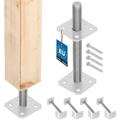 KOTARBAU® 4 pces. Support de Poteau - Acier Galvanisé - 80 x 80 x 250 mm - M24 - Argent - Pied Réglable - Support Poteau Bois - Fixation Robuste Extérieur Intérieur