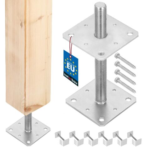 KOTARBAU® 6 pces. Support de Poteau - Acier Galvanisé - 110 x 110 x 250 mm - M24 - Argent - Pied Réglable - Support Poteau Bois - Fixation Robuste Extérieur Intérieur