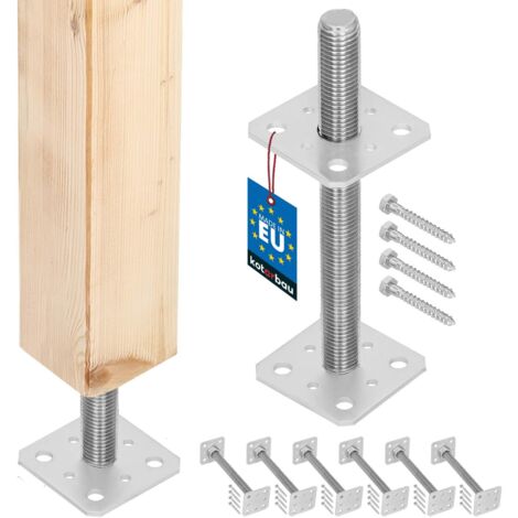 KOTARBAU® 6 pces. Support de Poteau - Acier Galvanisé - 80 x 80 x 250 mm - M24 - Argent - Pied Réglable - Support Poteau Bois - Fixation Robuste Extérieur Intérieur