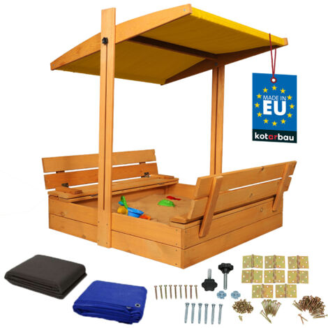 KOTARBAU® Arenero grande de madera con techo amarillo, impregnado, cerrado, con bancos, marrón, 100 x 100 cm