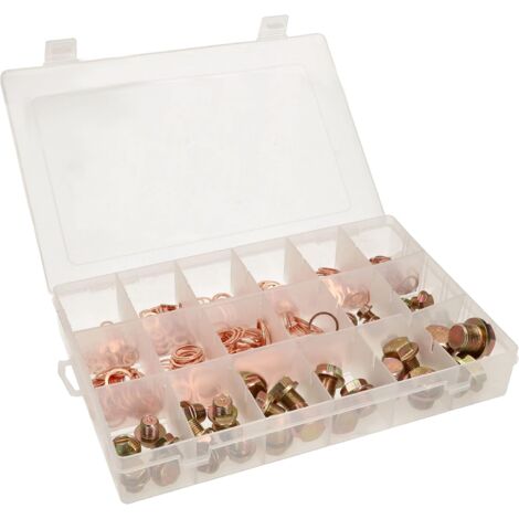 KOTARBAU Assortiment de 534 vis de vidange d'huile et joints en cuivre dans une boîte de rangement.