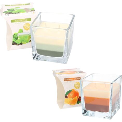 KOTARBAU Lot de 2 bougies parfumées à 2 mèches dans un verre - Trois couleurs - Idée cadeau - Aromathérapie - Durée de combustion jusqu'à 32 heures (thé vert + orange cannelle)