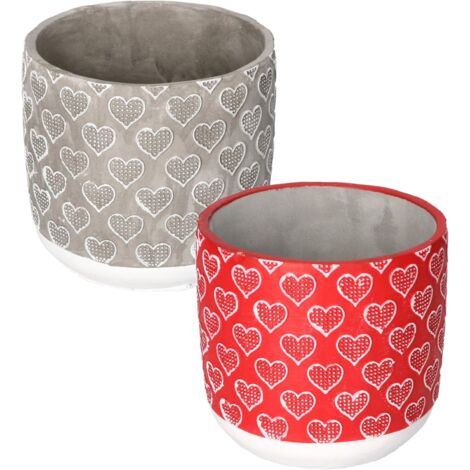 KOTARBAU Lot de 2 pots de fleurs décoratifs en béton - Motif cœurs - Rouge/gris - Diamètre : 13 cm