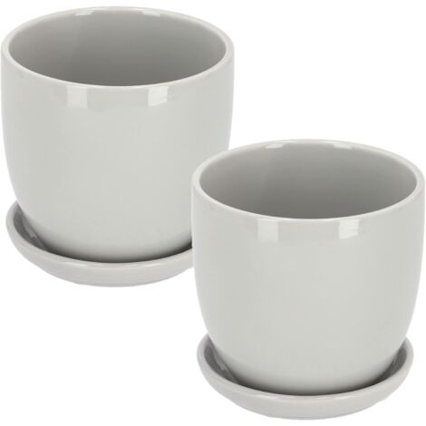 KOTARBAU Lot de 2 pots de fleurs en céramique avec bac d'égouttement Gris 20 cm