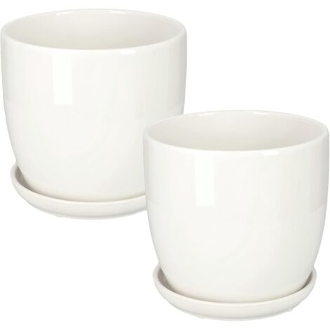 KOTARBAU Lot de 2 pots de fleurs en céramique pour fleurs et plantes Diamètre 15 cm avec bac égouttoir Blanc