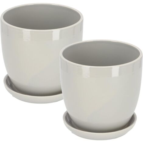 KOTARBAU Lot de 2 pots de fleurs en céramique pour fleurs et plantes Diamètre 15 cm avec bac égouttoir Gris