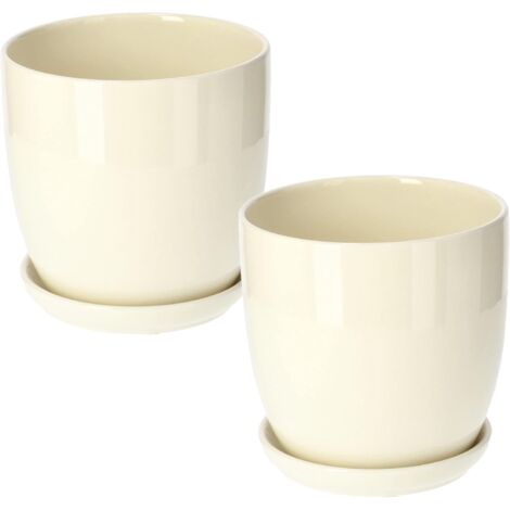 KOTARBAU Lot de 2 pots de fleurs en céramique pour fleurs et plantes - Diamètre : 17 cm - Avec bac d'égouttement - Beige