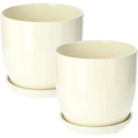 KOTARBAU Lot de 2 pots de fleurs en céramique pour fleurs et plantes - Diamètre : 20 cm - Avec bac d'égouttement - Beige