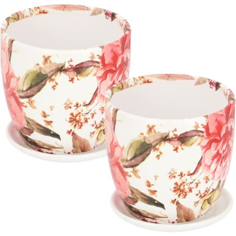 KOTARBAU Lot de 2 pots de fleurs en céramique pour fleurs, plantes, diamètre 13 cm avec bac d'égouttement et fleurs