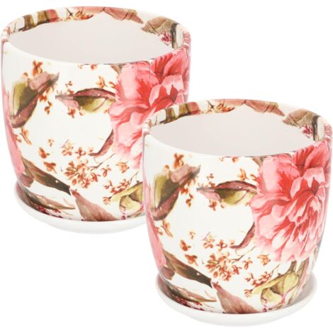 KOTARBAU Lot de 2 pots de fleurs en céramique pour fleurs, plantes, diamètre 20 cm avec bac d'égouttement et fleurs