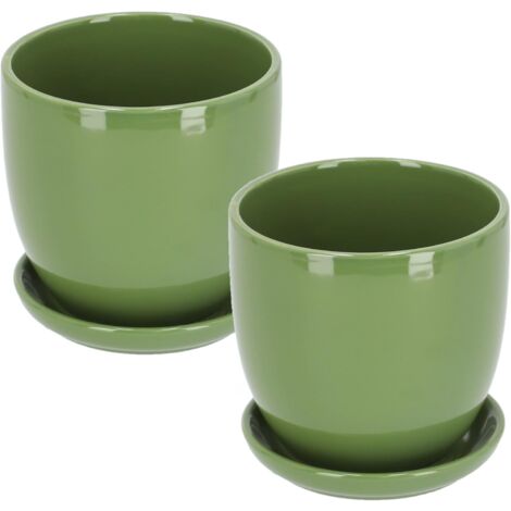 KOTARBAU Lot de 2 pots de fleurs en céramique pour fleurs, plantes, diamètre 20 cm avec bac d'égouttement Vert