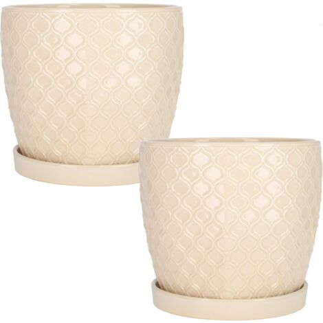 KOTARBAU Lot de 2 pots de fleurs en céramique - Pour plantes - Diamètre : 20 cm - Crème - Vintage - Avec bac d'égouttement - Motif écailles de poisson