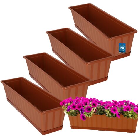 KOTARBAU® Lot de 4 Pot de Fleur Exterieur - Jardinières Exterieur - PVC - 60 x 18 x 14 cm - Terracotta - Jardinière Balcon - Rectangulaire - avec Soucoupe - Bac à Fleurs