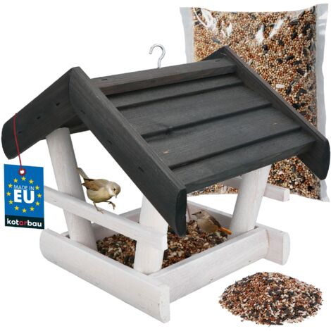 KOTARBAU® Mangeoire à Oiseaux à Suspendre - Bois Naturel - 24x30,5x25,5 cm - avec Toit + 0,5kg De Nourrituremit - Mangeoires pour Oiseaux Sauvages - Blanc & Anthracite