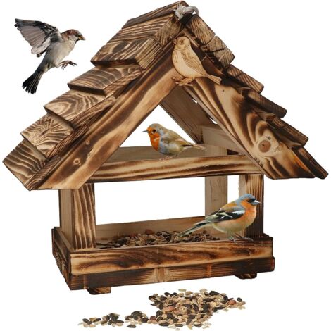 KOTARBAU Mangeoire à oiseaux en bois brûlé à suspendre + 0,5 kg de nourriture gratuite.