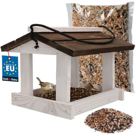 KOTARBAU® Mangeoire Oiseaux À Suspendre - Bois Naturel - 21 x 23,5 cm - Mangeoire Oiseaux Extérieur Bois - Blanc & Brun - 0,5 kg Nourriture - Décoration Jardin